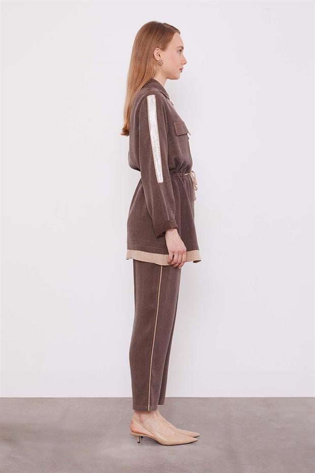 Kahve Taşlı Şerit Detaylı İkili Takım