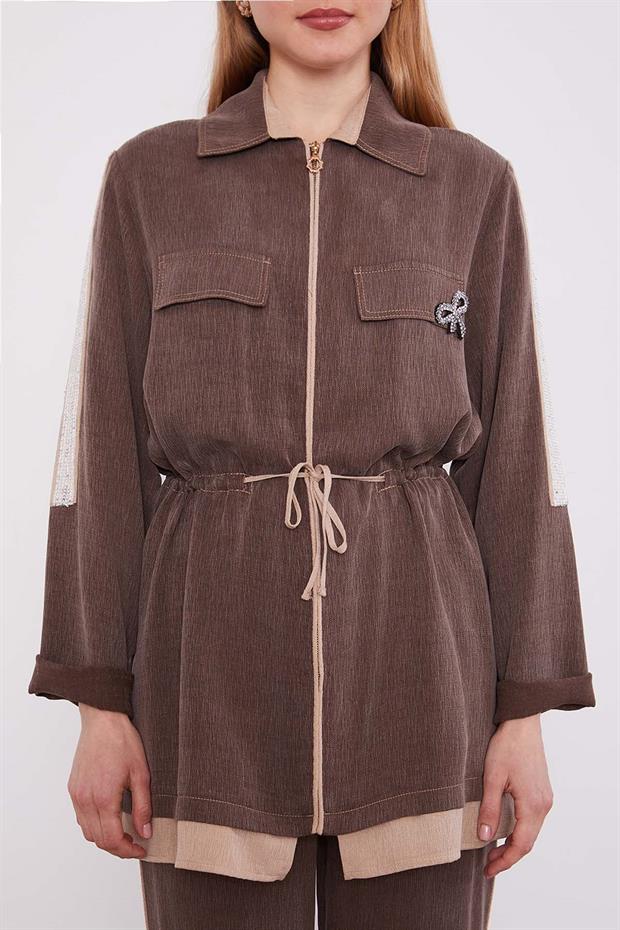 Kahve Taşlı Şerit Detaylı İkili Takım