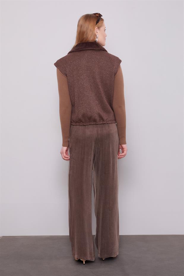 Kahve Yakası Kürk Detaylı Kaşmir Yelek