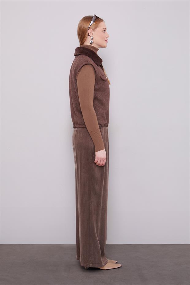 Kahve Yakası Kürk Detaylı Kaşmir Yelek