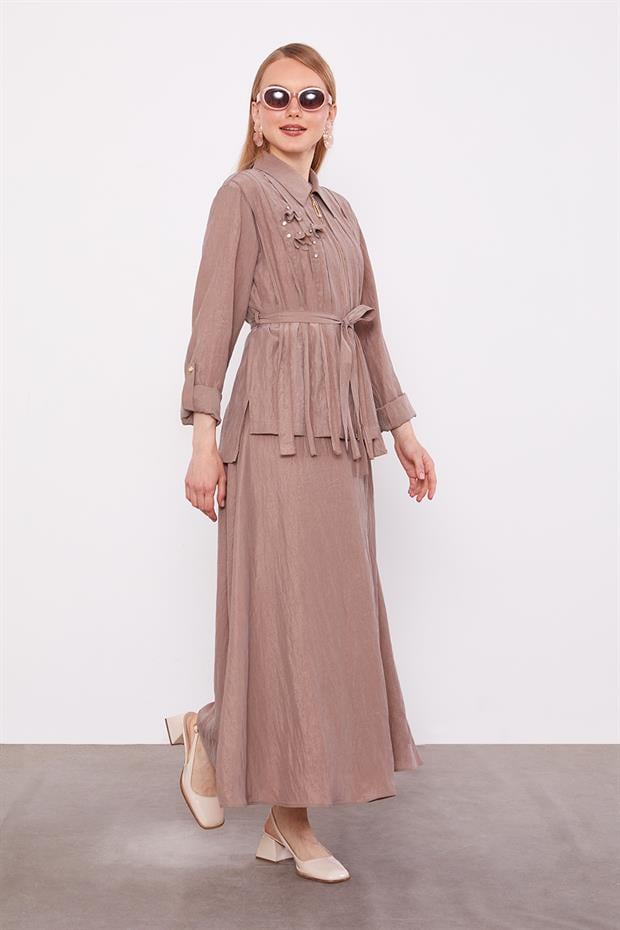 Kahve Yakası Taş Detaylı Cupra Etek Takım