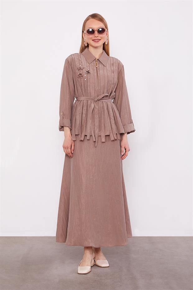 Kahve Yakası Taş Detaylı Cupra Etek Takım