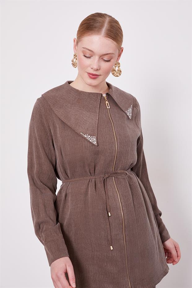 Kahve Yakası Taşlı Cupra İkili Takım