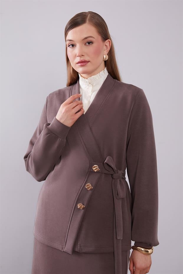 Kahve Yan Bağlama Detaylı Etek Takım