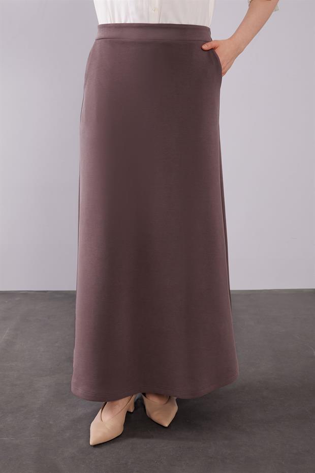 Kahve Yan Bağlama Detaylı Etek Takım