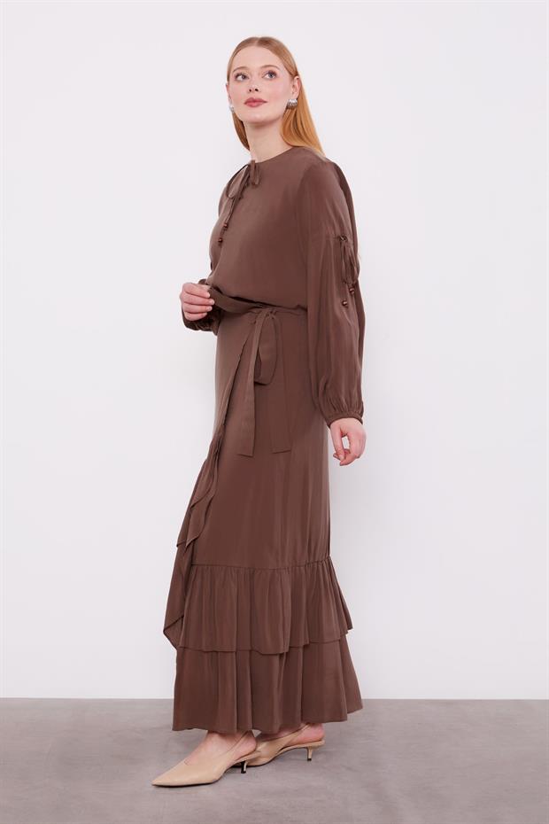 Kahve Yandan Bağlamalı Etek Takım