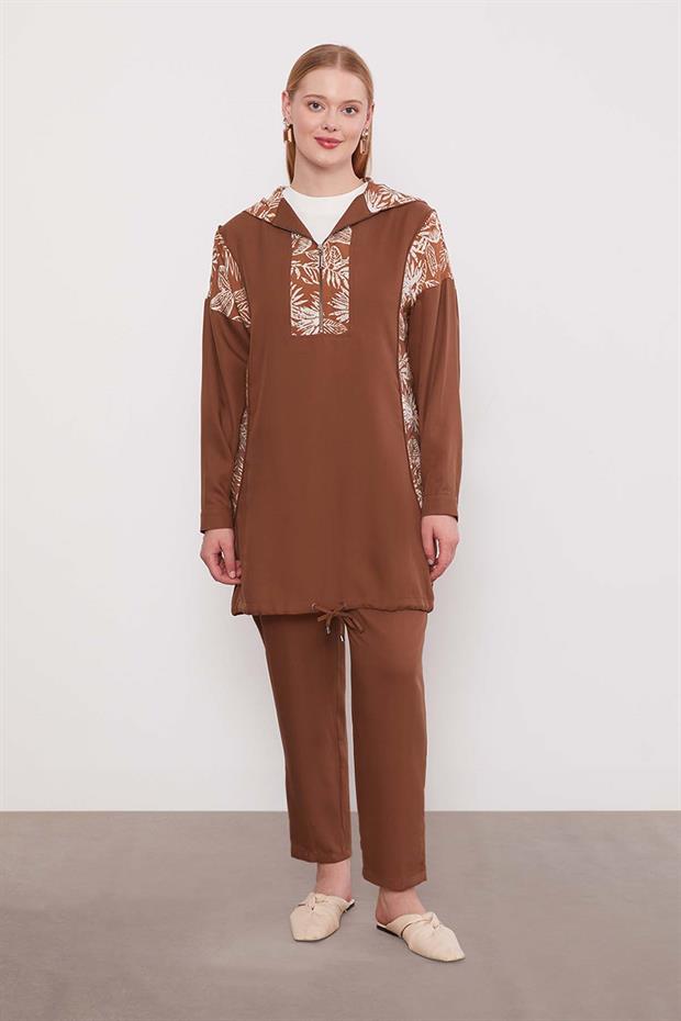 Kahve Yaprak Desenli Cupra İkili Takım