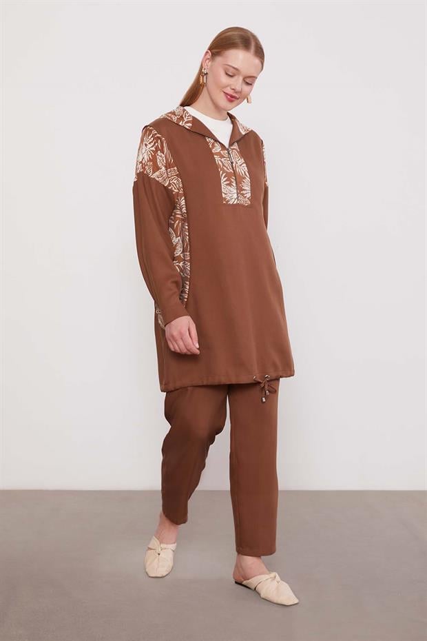 Kahve Yaprak Desenli Cupra İkili Takım