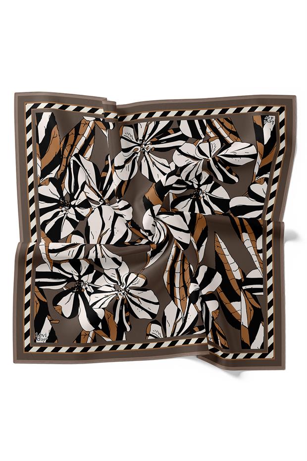 Kahve Zambak Desen Twill İpek Eşarp