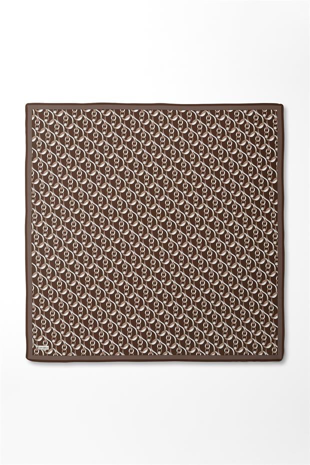 Kahve Zincirli Desenli Twill İpek Eşarp