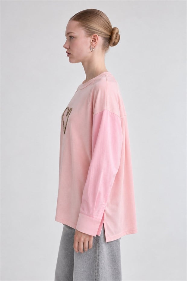 Kalp Detaylı Renk Bloklu Sweatshirt Pembe