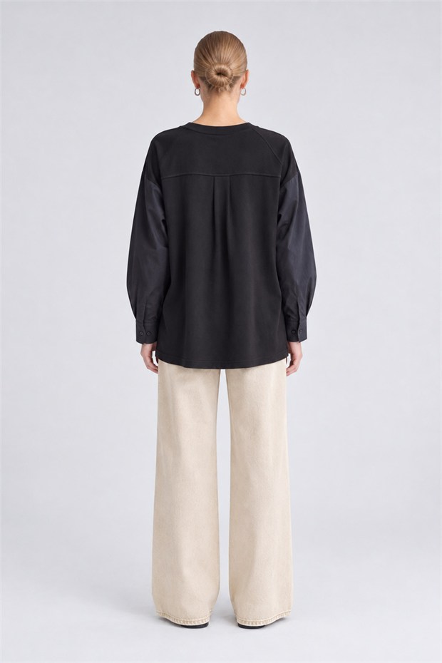 Kalp Detaylı Renk Bloklu Sweatshirt Siyah