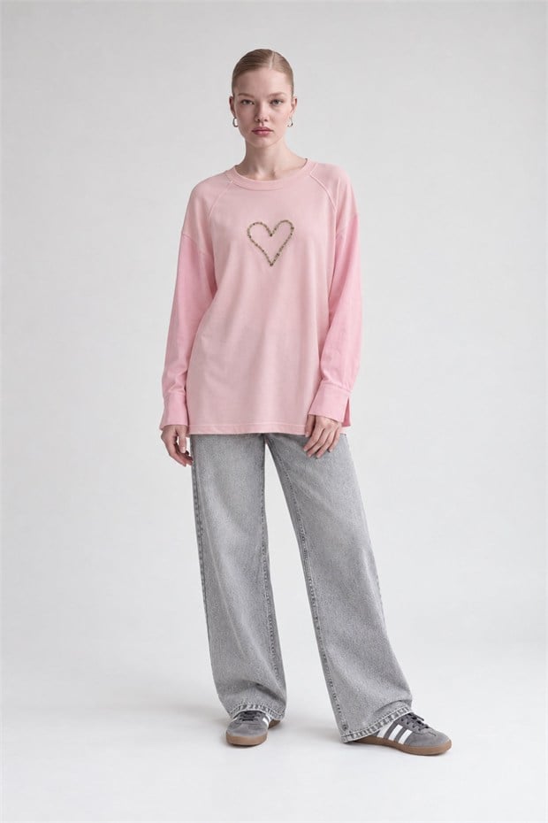 Kalp Detaylı Renk Bloklu Sweatshirt Pembe