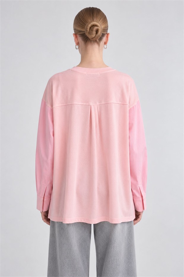 Kalp Detaylı Renk Bloklu Sweatshirt Pembe