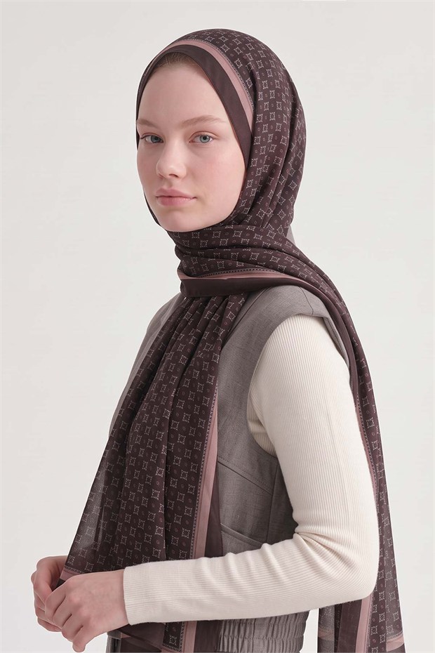 Kenarları Etnik Desen Sport Şal Kahve