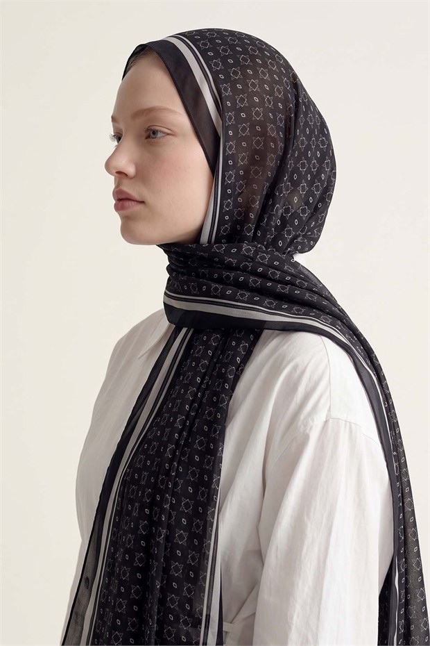 Kenarları Etnik Desen Sport Şal Siyah