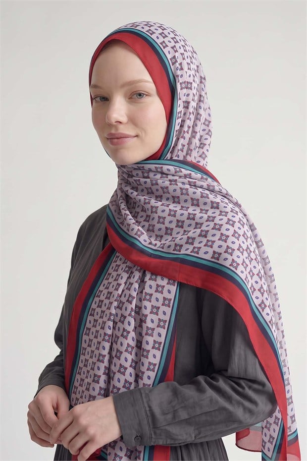Kenarları Etnik Desen Sport Şal Kırmızı