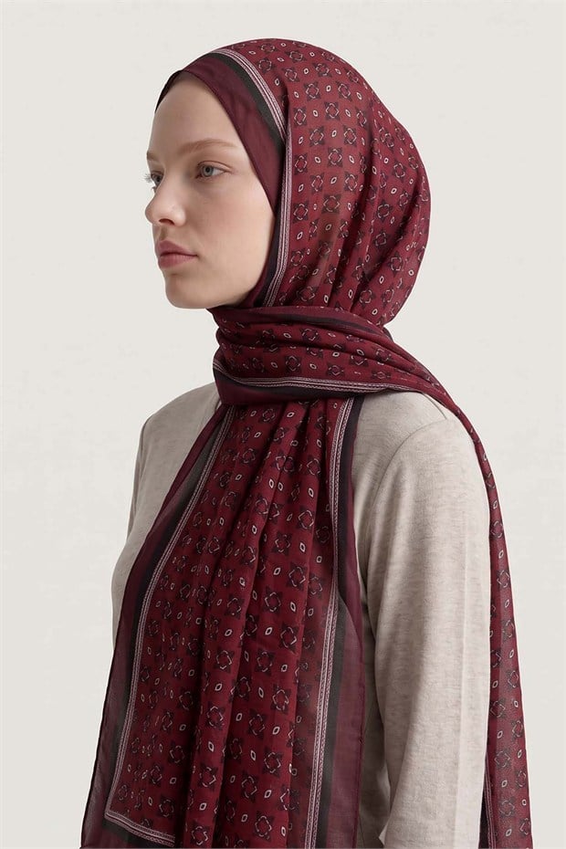 Kenarları Etnik Desen Sport Şal Mürdüm