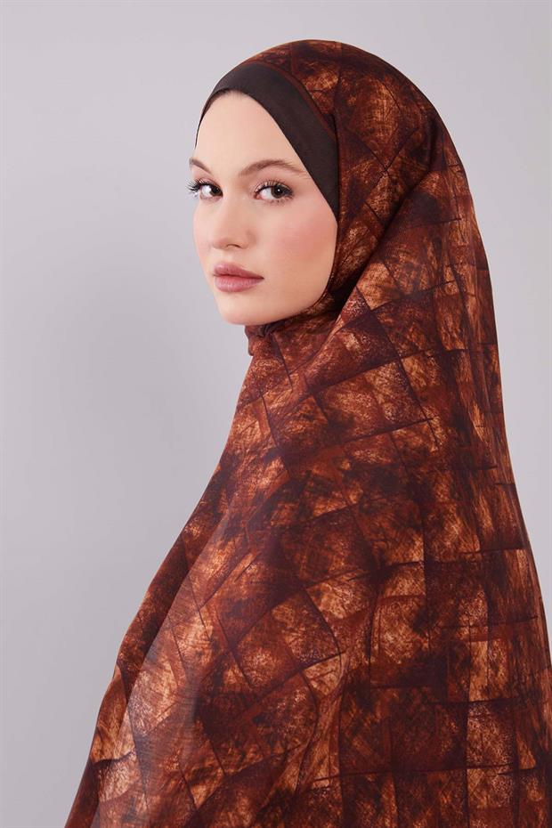 Kiremit Baklava Desen Yün İpek Şal