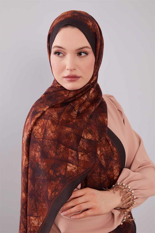 Kiremit Baklava Desen Yün İpek Şal