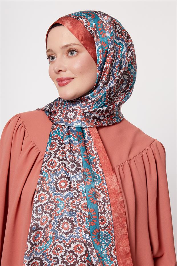 Kiremit Batik Desen Hint İpeği Şal