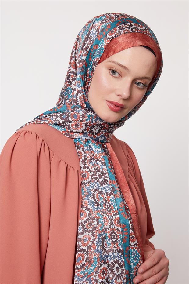 Kiremit Batik Desen Hint İpeği Şal