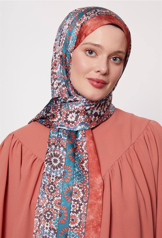 Kiremit Batik Desen Hint İpeği Şal