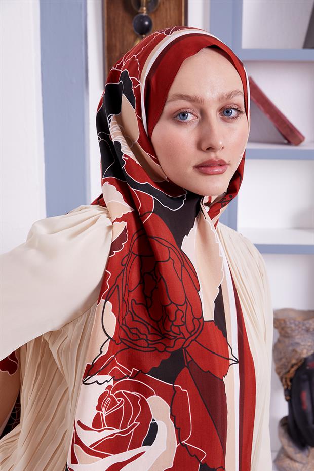 Kiremit Çiçek Desen Royal Şal