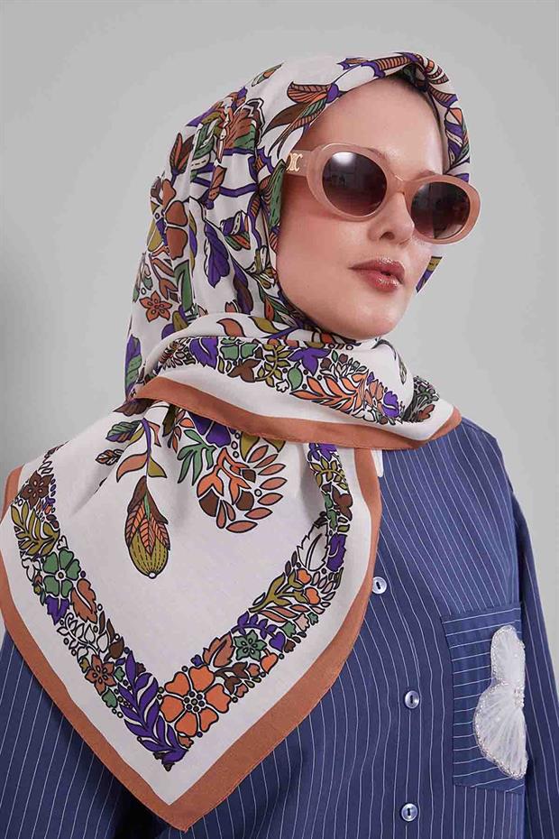 Kiremit Çiçek Yaprak Desen Aura Eşarp