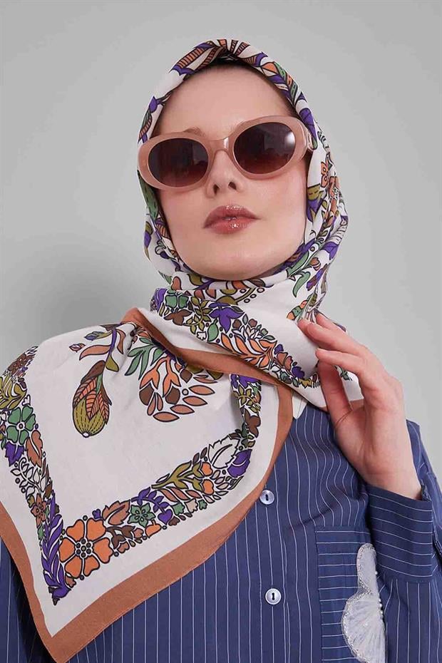 Kiremit Çiçek Yaprak Desen Aura Eşarp