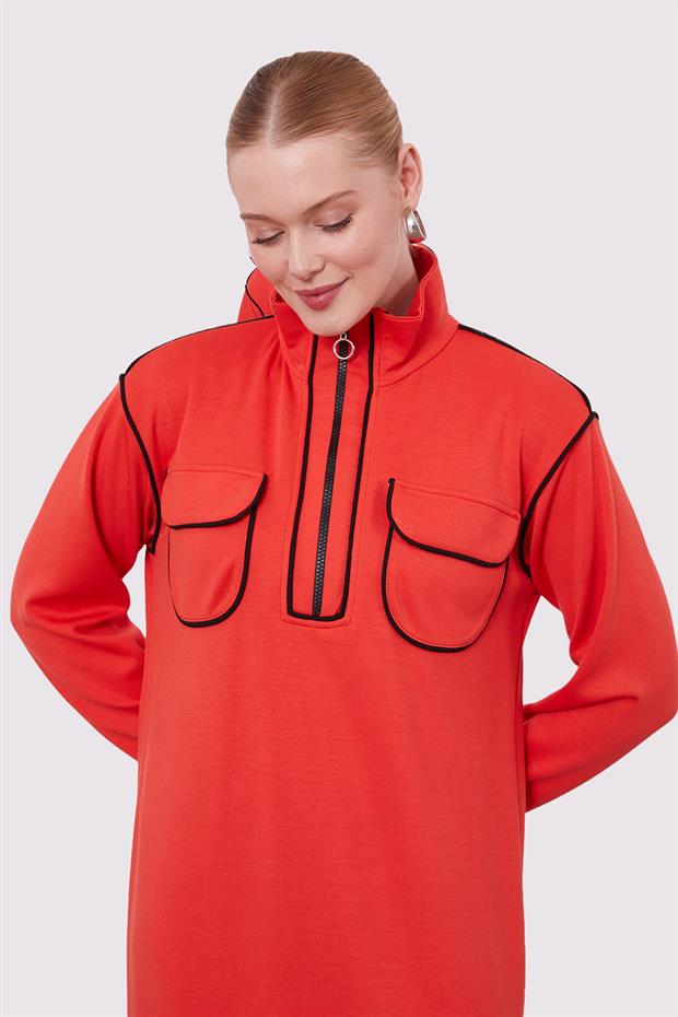 Kiremit Çizgi Cep Detaylı Elbise