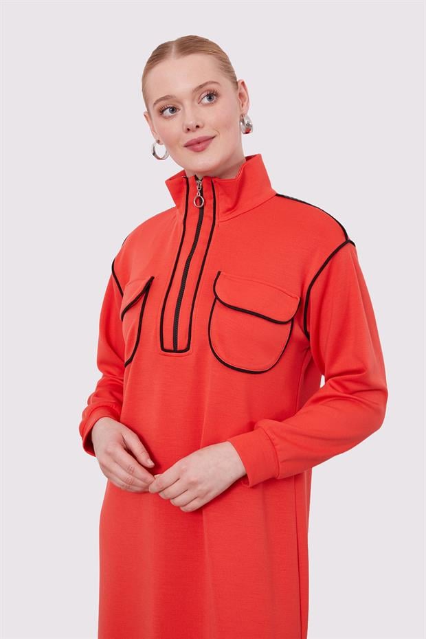 Kiremit Çizgi Cep Detaylı Elbise