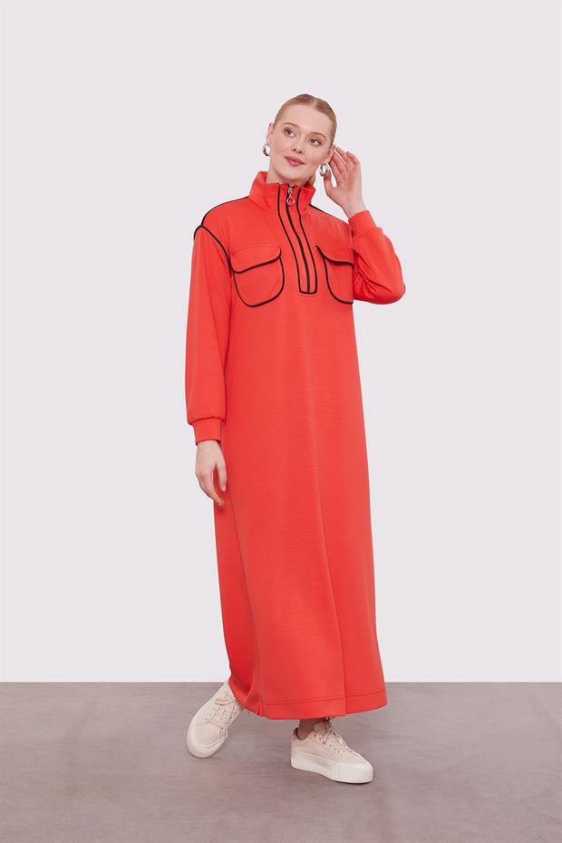 Kiremit Çizgi Cep Detaylı Elbise