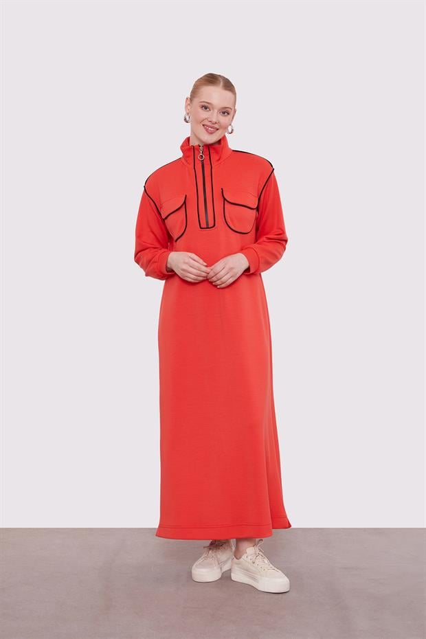 Kiremit Çizgi Cep Detaylı Elbise