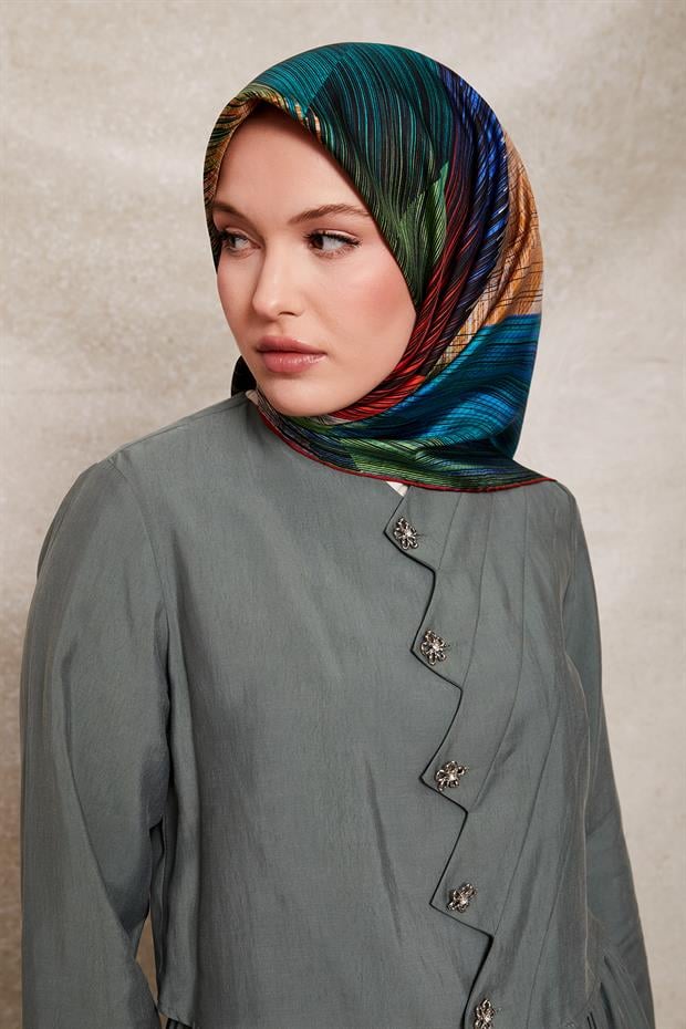 Kiremit Çizgi Desen Twill İpek Eşarp