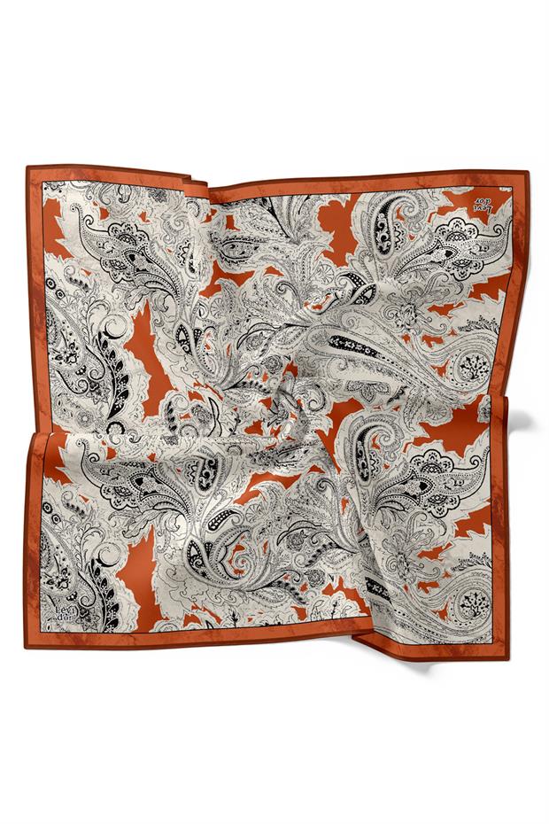 Kiremit Çizim Etnik Desen Twill İpek Eşarp