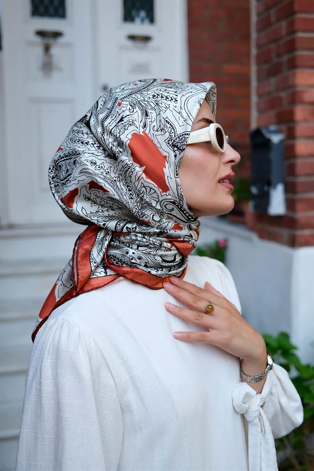Kiremit Çizim Etnik Desen Twill İpek Eşarp