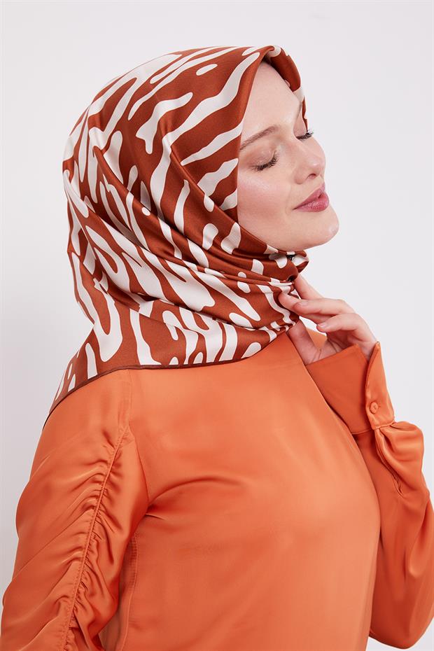 Kiremit Leopar Desen Twill İpek Eşarp