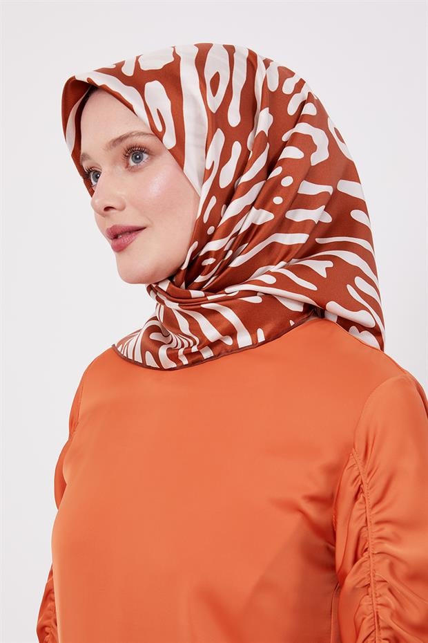 Kiremit Leopar Desen Twill İpek Eşarp