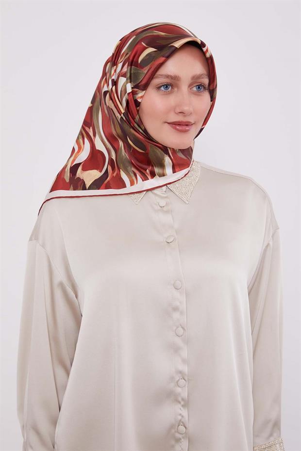 Kiremit Ebruli Desen Twill İpek Eşarp