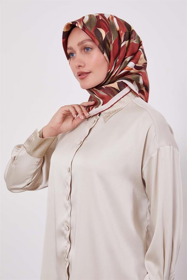 Kiremit Ebruli Desen Twill İpek Eşarp