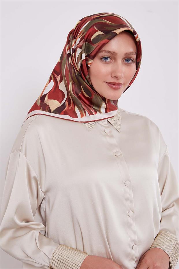 Kiremit Ebruli Desen Twill İpek Eşarp