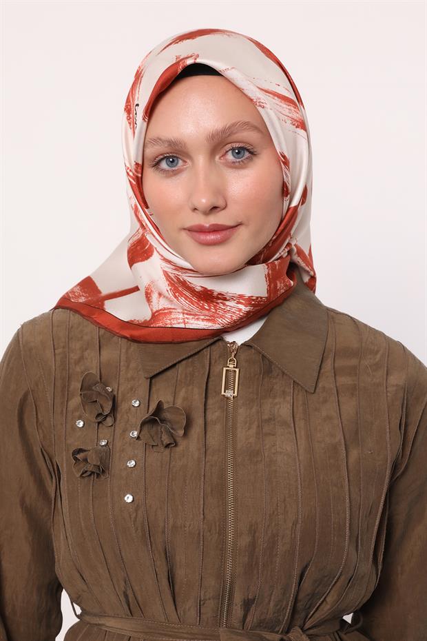 Kiremit Fırça İzi Desen Twill İpek Eşarp