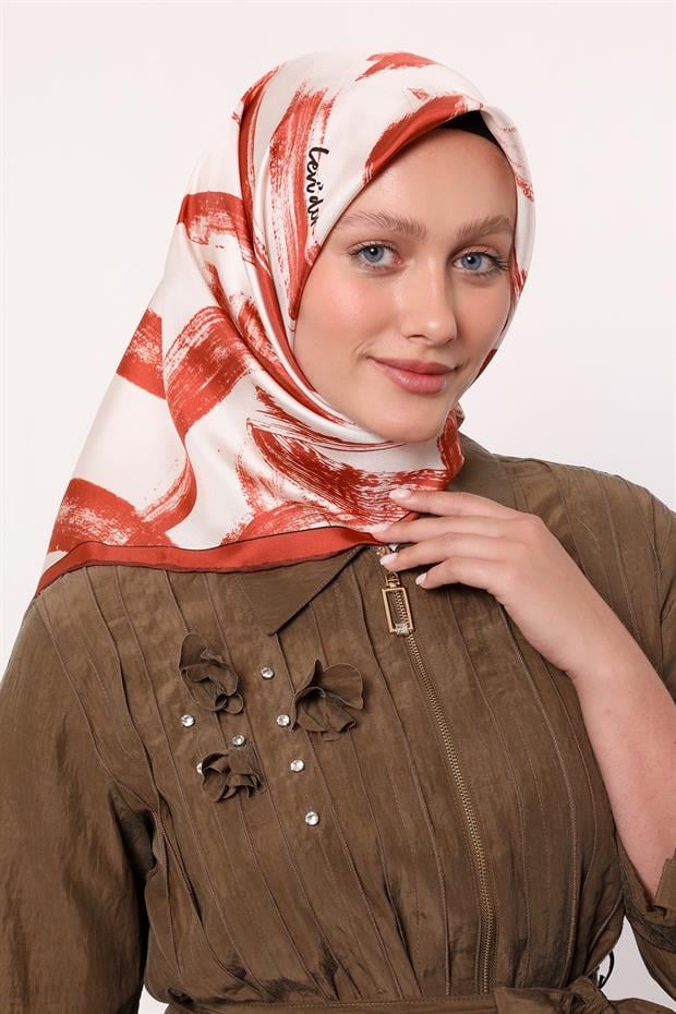 Kiremit Fırça İzi Desen Twill İpek Eşarp