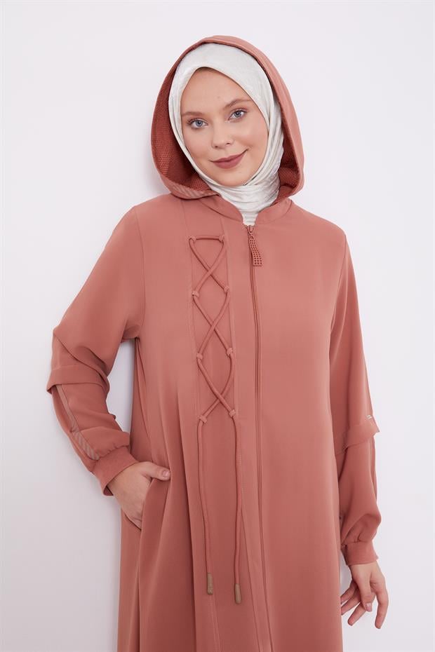 Kiremit Kapüşonlu İp Detay Ferace