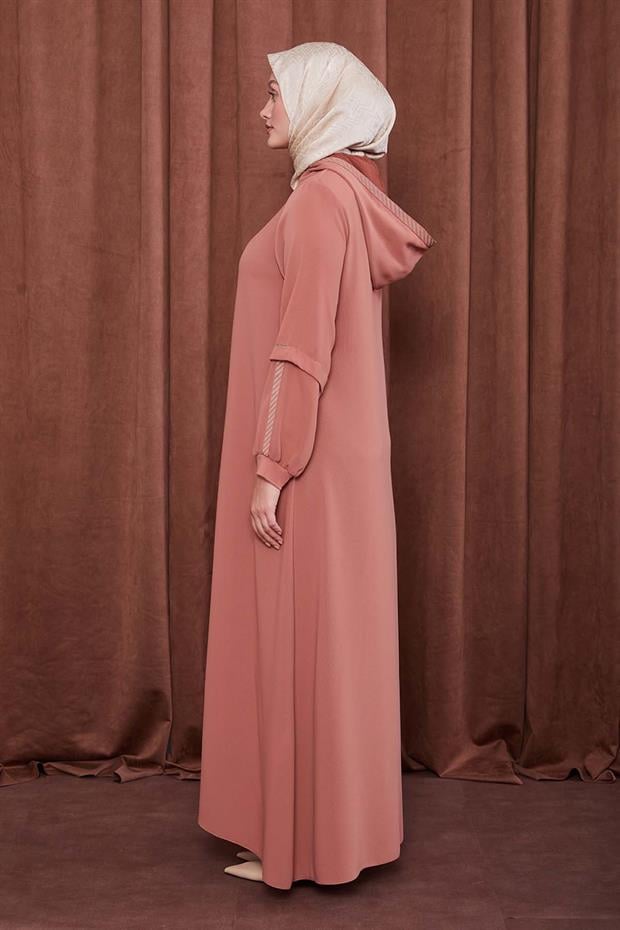 Kiremit Kapüşonlu İp Detay Ferace