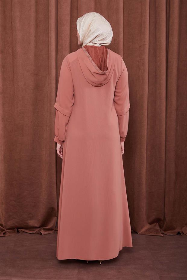 Kiremit Kapüşonlu İp Detay Ferace