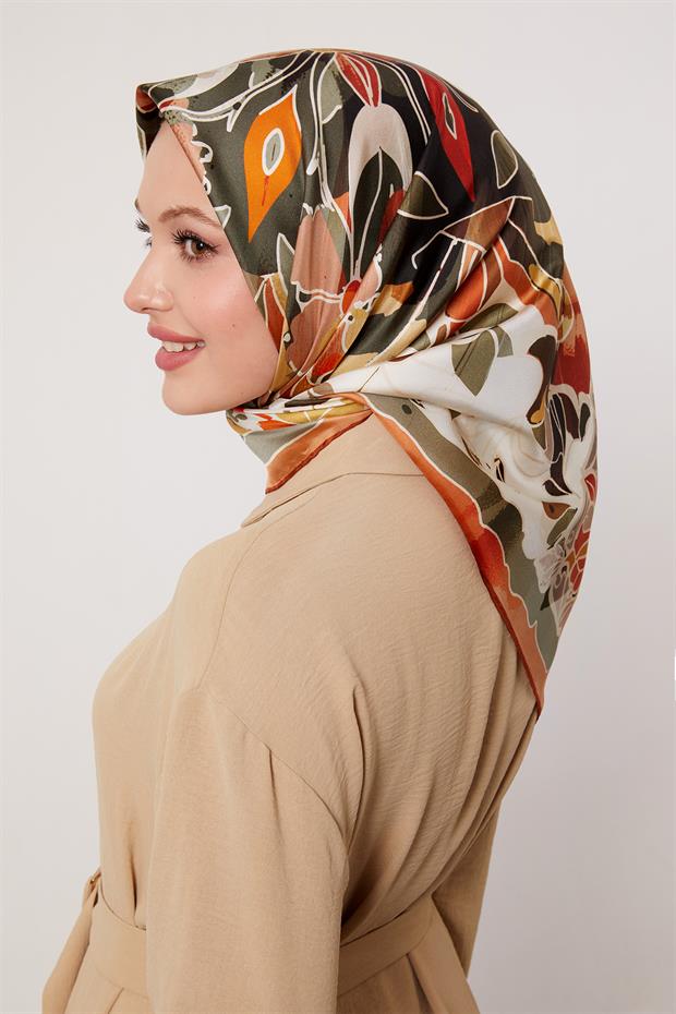 Kiremit Karışık Çiçek Desen Twill İpek Eşarp