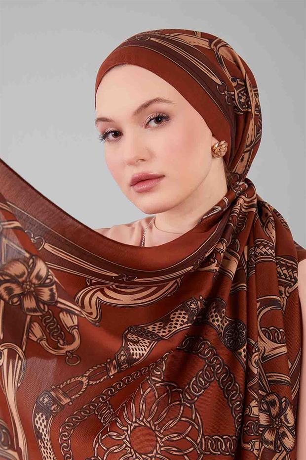 Kiremit Karışık Desenli Yün İpek Şal