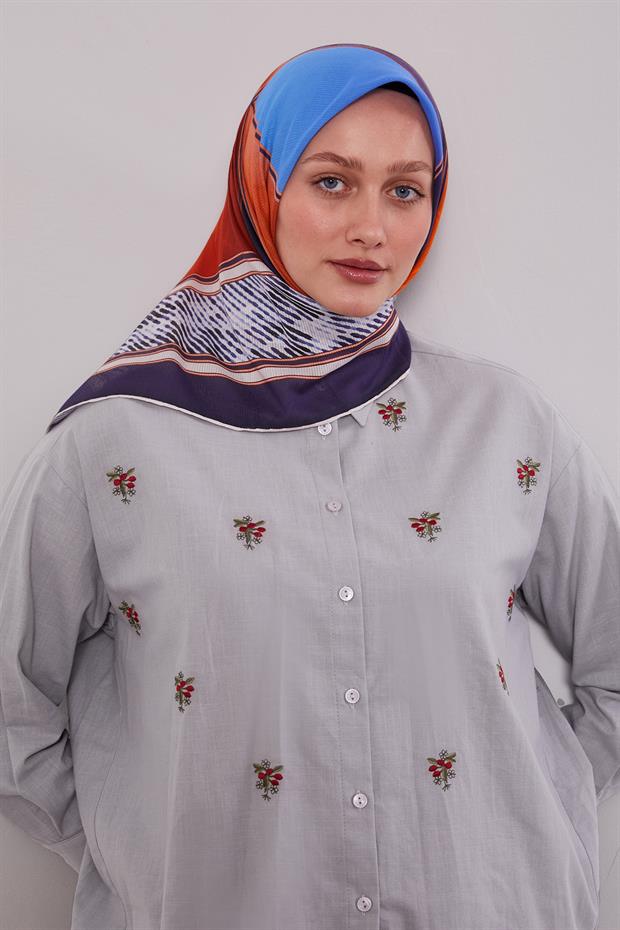 Kiremit Karışık Geometrik Desen Pamuk Eşarp